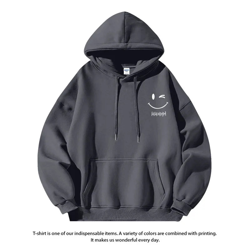 Simple smiling face printed hooded sweatshirt for couples, casual trendy brand ins autumn and winter jacket for women