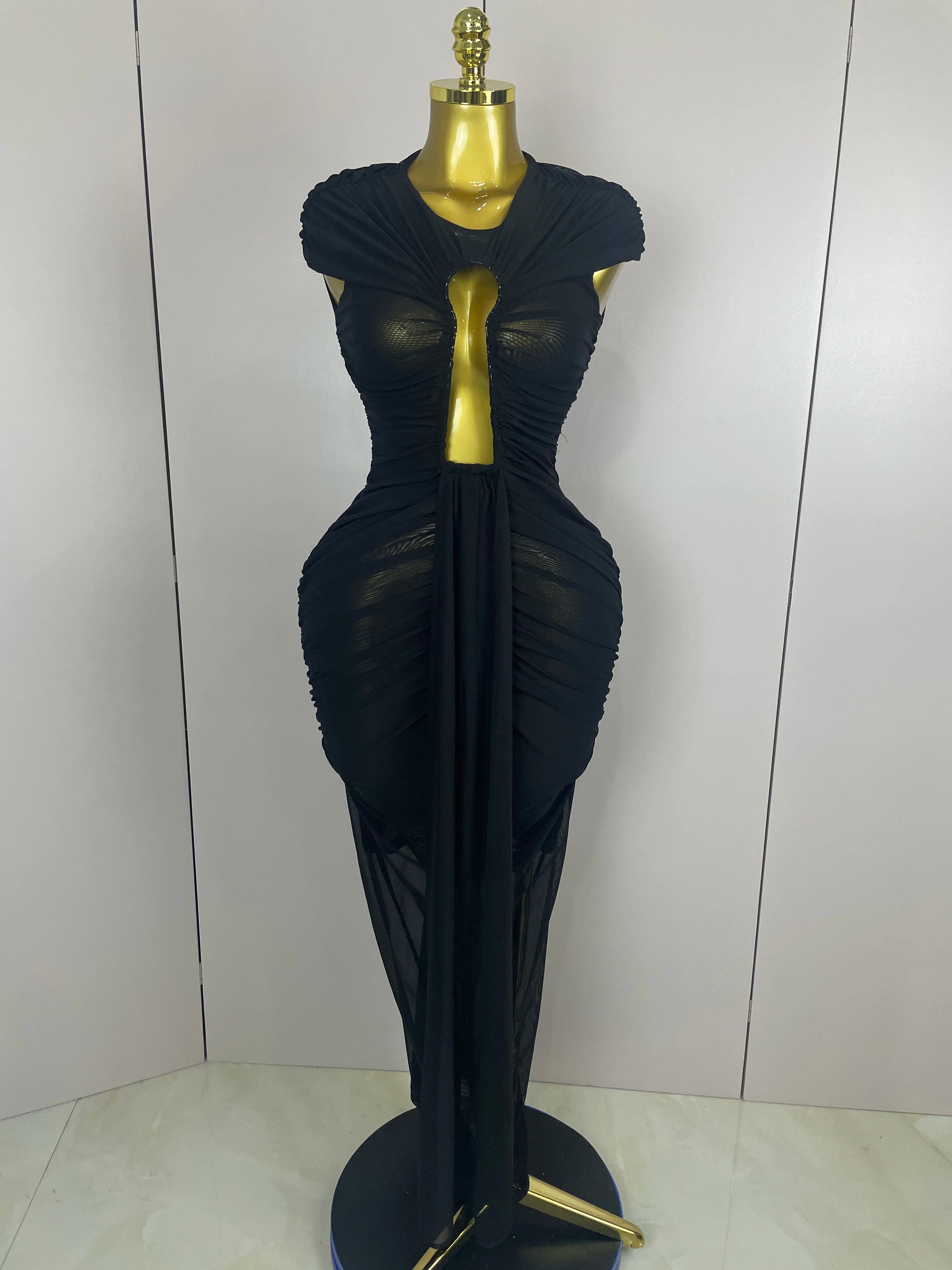 Sexy Sleeveless O-Neck Bodycon Mesh Long Dress 2025 Women Hollow Out Celebrate Fashion Show Celebrity Evening Party Club Dress