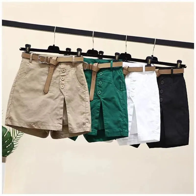Fashionable versatile waistband with slit A-line skirt pants, solid color buttons, chic Harajuku style, summer loose shorts