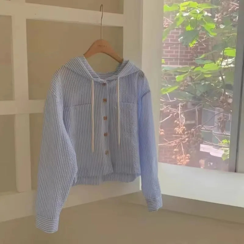 Summer Wom French design striped contrasting women's hooded sunscreen jacket contrasting striped hooded sweatshirt