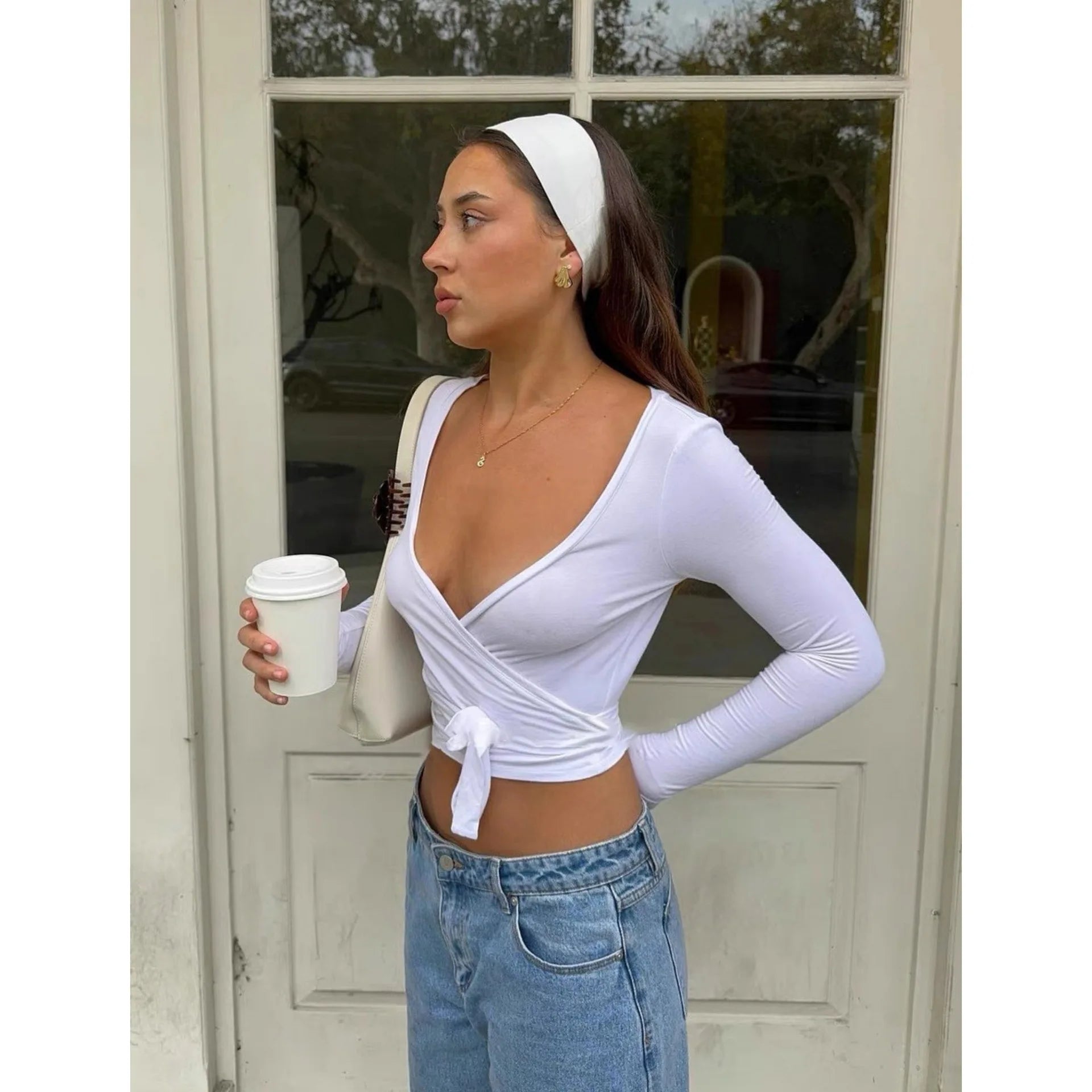 Women's cross wrapped lace up crop top long sleeved deep V-neck solid color slim fit shirt yoga exercise Pilates shirt T-shirt