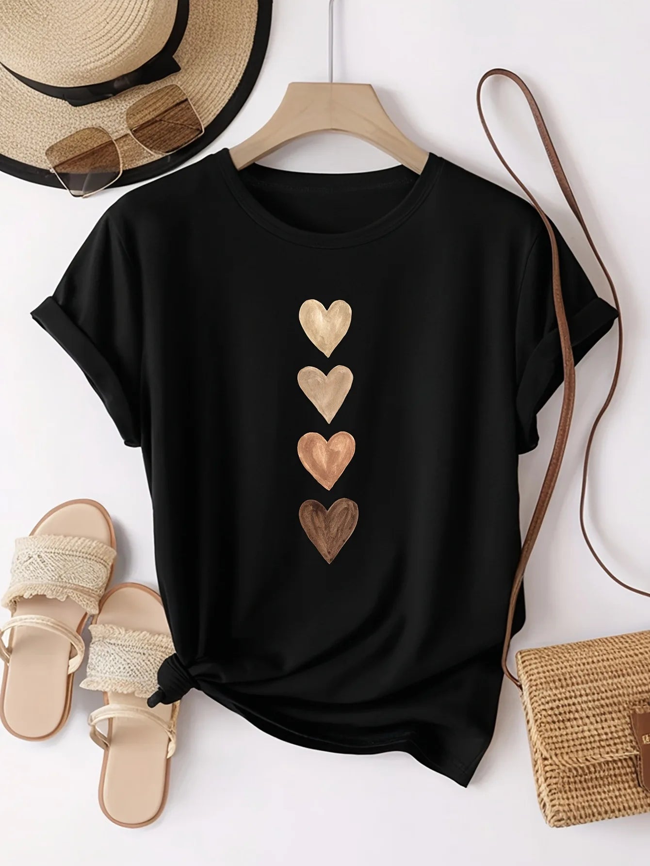 Women's Casual Short Sleeve T-Shirt with Four Heart Graphic Print - Black & Golden, Medium Stretch Round Neck