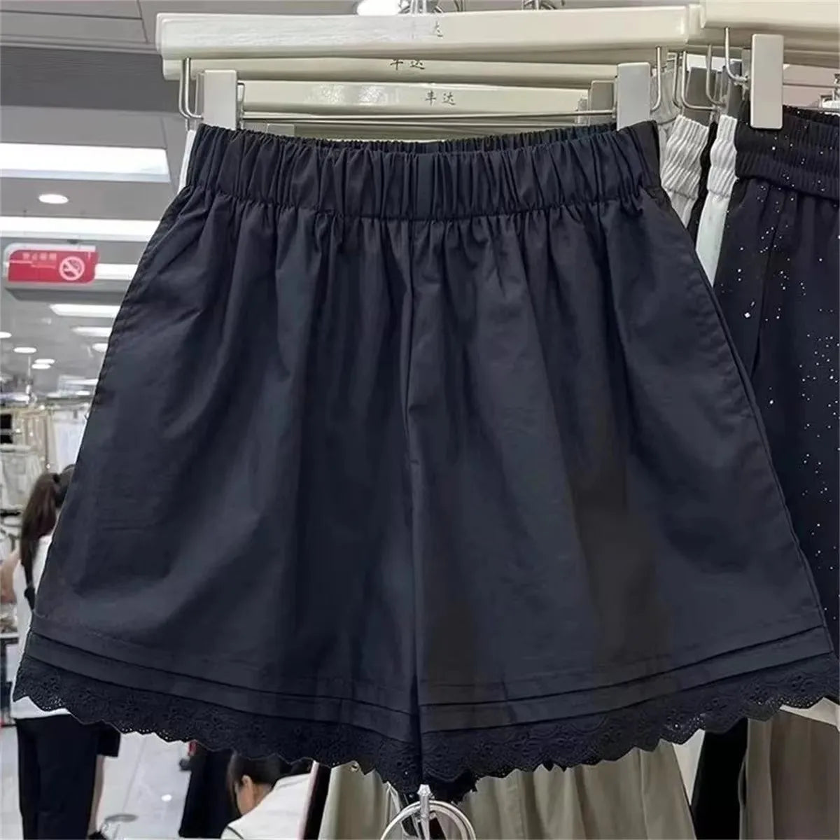 White Lace Trim Patchwork Casual Shorts for Women's High Waisted Wide Leg Vacation Beach Pants Loose Thin Bottoms Home Shorts