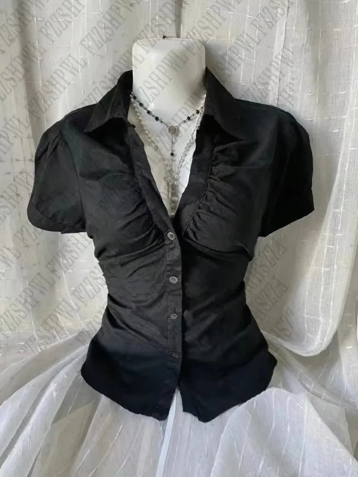 Fashionable and versatile Y2K slim fit Harajuku short sleeved top V-neck pleated slim fit short sleeved shirt casual T-shirt