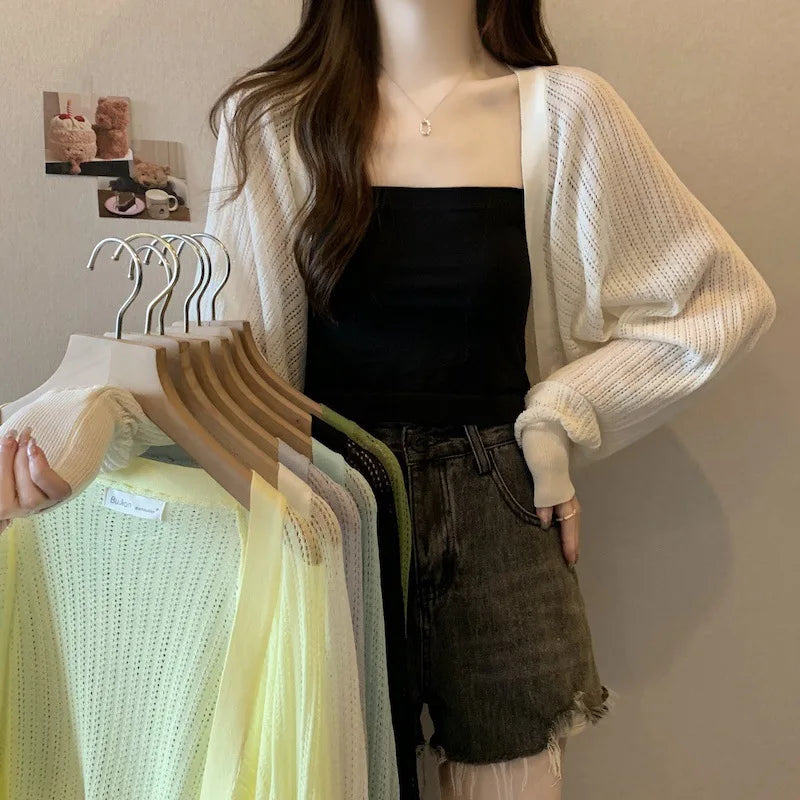 Summer thin loose solid color knitted sweater women's new short style sun protection hollow out cover sweater shawl top