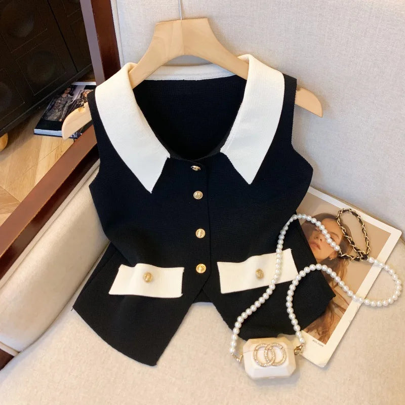 Women French Color Block Sleeveless Vest V-Neck Knit Tank Top Lapel Collar Elegant Preppy Cropped Waistcoat Casual Vest Top