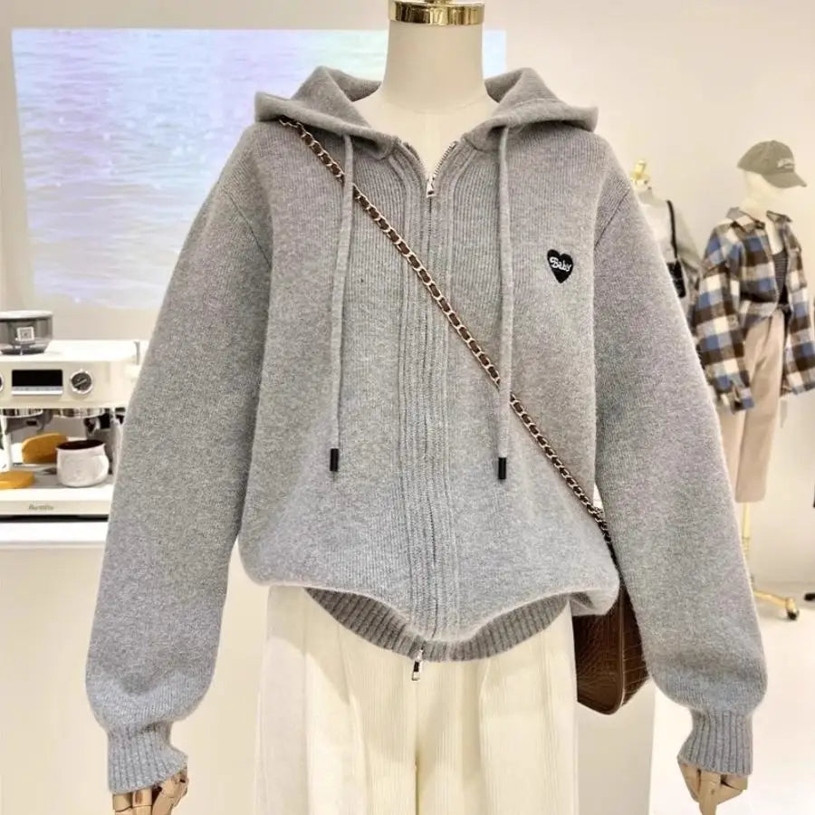 Autumn Winter Simple Embroidery Heart Loose Korean Version Thick Warm Zipper Cardigan Hooded Knitted Sweater Women's Coat Trend