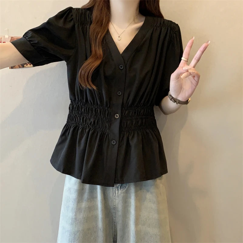 200 Pounds Plus Size Elastic Waist Summer Shirt And Blouse Short Sleeve Solid Top Women's New In Clothes Simple V-neck French